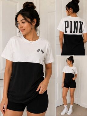 PINK Victoria's Secret White Tee with Black Arch Logo